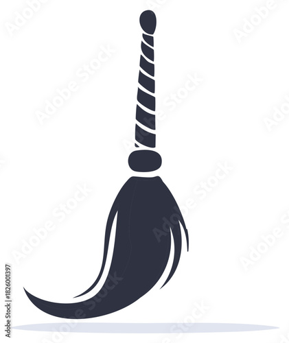 Stylized silhouette of a dark cleaning broom with a striped handle