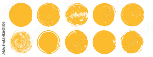Grunge brush sun set. Hand drawn rough circles. Abstract crayon round stamp collection