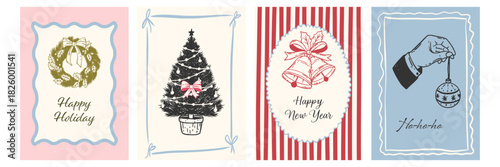 Ink sketch whimsical Christmas cards. Hand drawn New Year posters with wreath, holiday tree, bells. Retro coquette style.