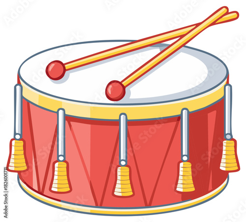 Vibrant red toy drum with yellow drumsticks a classic percussion instrument cartoon illustration