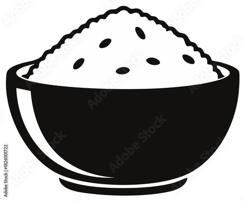 Black bowl full of white rice with dark grains outline icon silhouette