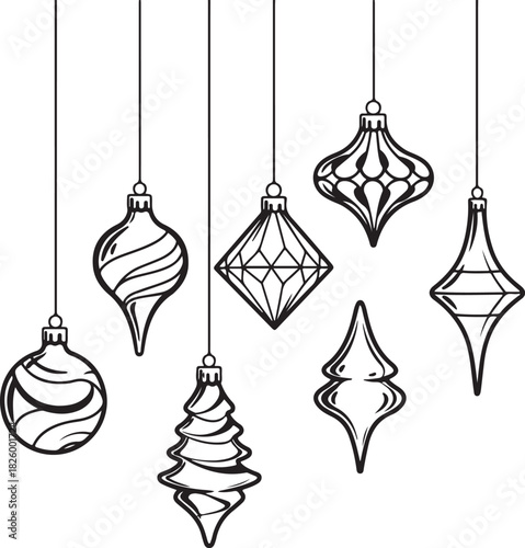 Line Art Christmas Ornaments Black and White Festive Decorations Hanging