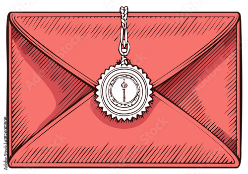 Vintage red envelope with wax seal and hanging chain illustration
