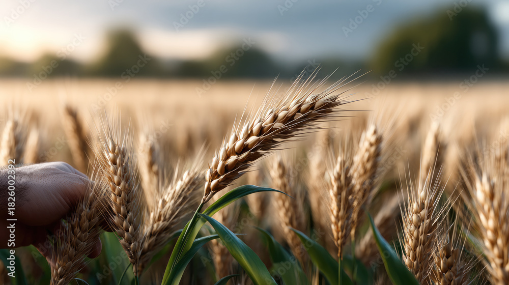Fototapeta premium Golden wheat stalks in sunlit field with hand gently touching grain, evoking peaceful rural atmosphere
