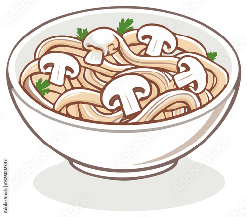 Bowl of mushroom noodles with parsley garnish vector illustration