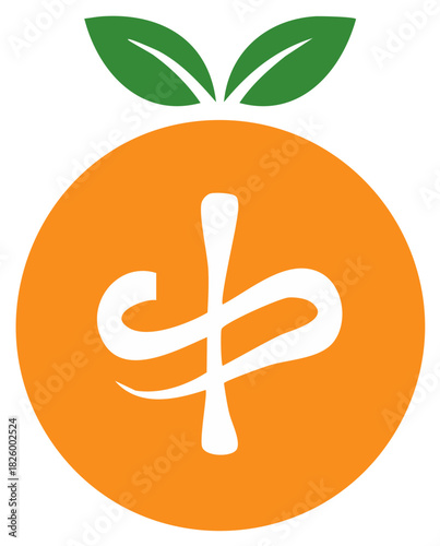Orange Fruit with Green Leaves and Abstract Symbol Bright and Cheerful Icon