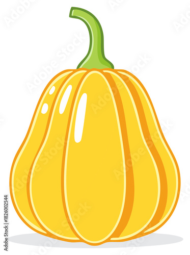 Vibrant Yellow Ribbed Squash Illustration with Green Stem a Fresh Gourd Vegetable Design