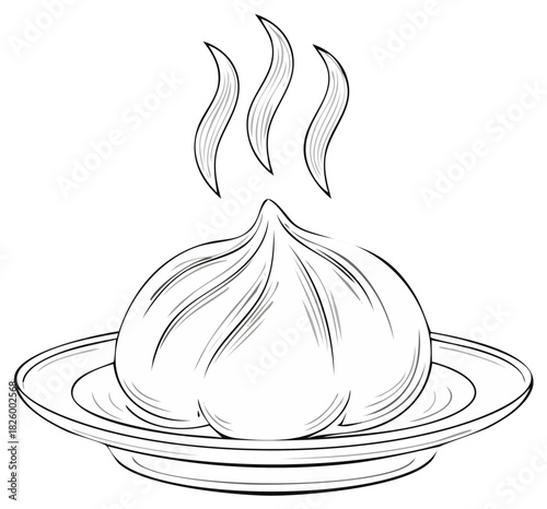 Black and white line art of a hot steaming Asian dumpling on a plate
