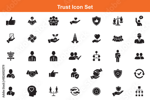 Trust Icon Set Vector: Handshake, Reliability, Security, Care, Agreement, Collaboration, Safety, Success, Partnership, Teamwork