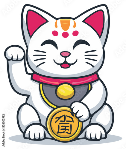 Cute white Maneki-neko lucky cat illustration with waving paw and gold coin bringing good fortune and prosperity