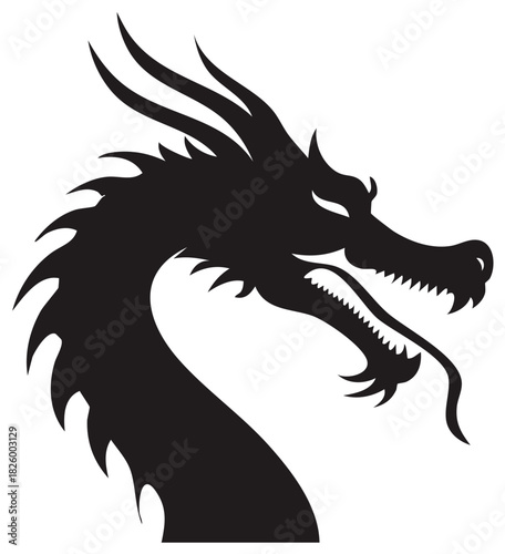 Powerful black dragon head, profile silhouette with open mouth, sharp teeth, and long flowing neck, mystical creatures illustration