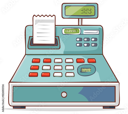 Illustration of a retro cash register with a receipt and a digital display in cartoon style
