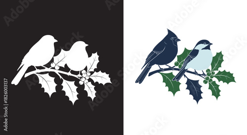 Vector Illustration Set of Birds Perched on Holly Branch, Christmas, Winter Wildlife, and Festive Decor
