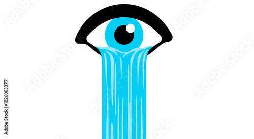 Stylized illustration of a large eye shedding a waterfall of tears in an emotional concept