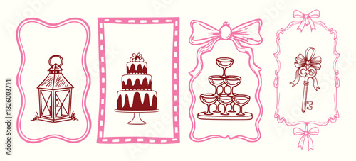 Coquette Wedding Celebration Icons – Hand Drawn Cake, Lantern, Champagne & Key Vectors for Romantic Design