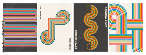 Groovy 70s posters with abstract stripes. Rainbow background with colorful wavy lines. 