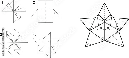 Step-by-Step Origami Star Folding Instructions Vector, DIY Paper Craft and Geometric Star Line Art