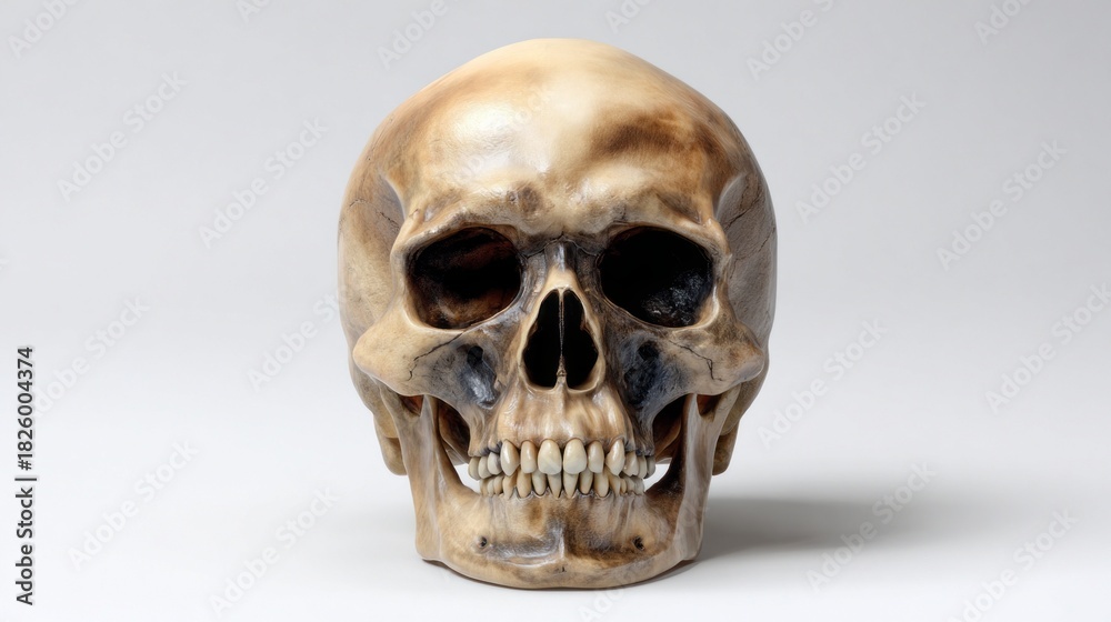 Obraz premium A realistic human skull model is displayed prominently on a neutral backdrop. The intricate details highlight its structure and craftsmanship, providing a clear view for studies of anatomy