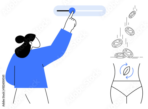 Woman adjusting control slider, body outline with weight change arrows, falling coins. Ideal for fitness, health, wellness, technology, finance motivation self-improvement. Simple flat metaphor