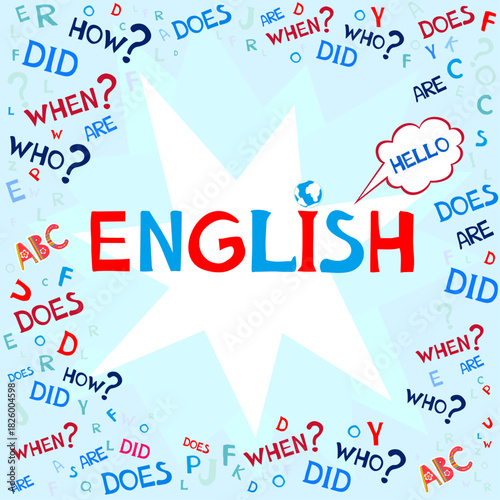 Design Concept Of Word ENGLISH Website Banner. English. Illustration for book, dictionary, vocabulary, speaking, reading, writing, listening skills. Education vector illustration