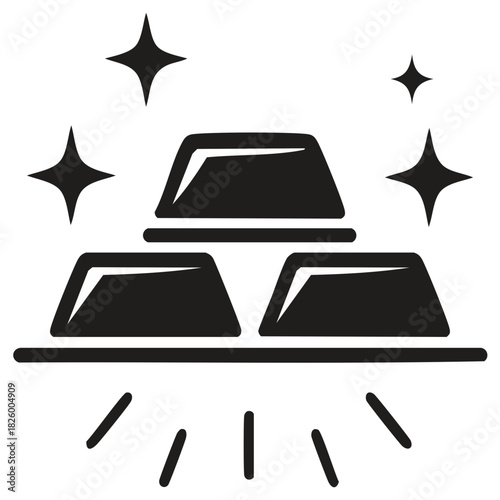 Gold bars illustration icon, stacked bullion with star light graphic elements, wealth