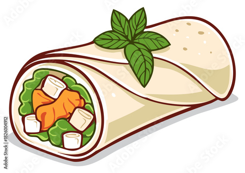 Cartoon illustration of a fresh spring roll filled with vegetables and tofu, garnished with mint