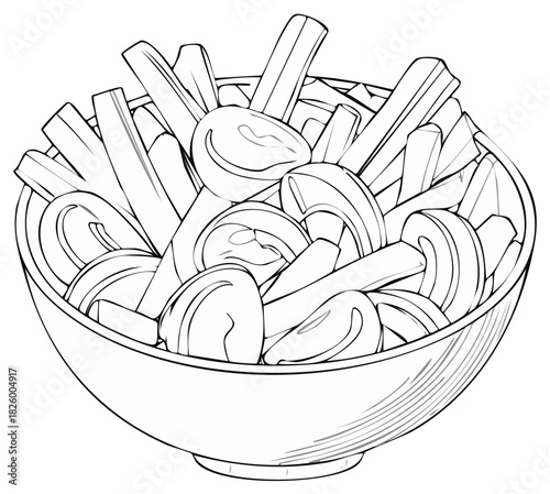 Black and white contour drawing of a bowl overflowing with sliced mushrooms and celery