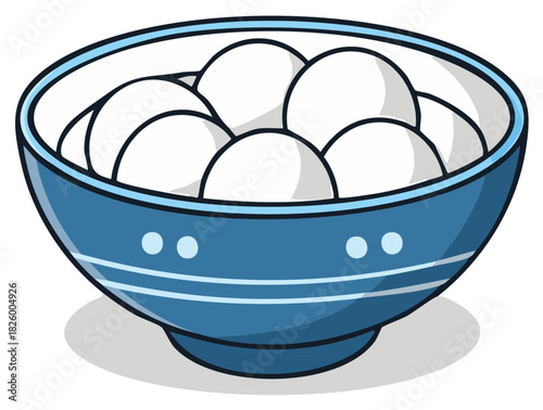 Bowl of round white food items with blue stripes and decorative dots