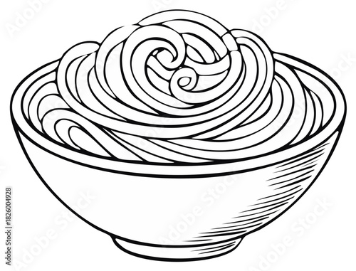 Swirled noodles in a simple bowl black and white outline drawing vector illustration