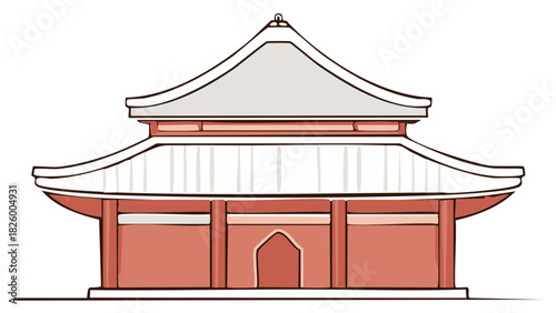 Hand drawn vector illustration of a traditional red Asian temple or pagoda shrine