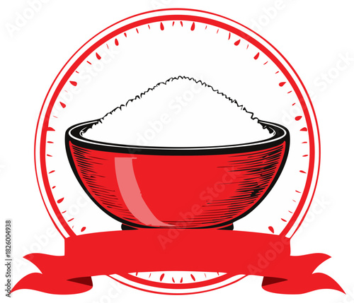 Red Bowl Filled with White Sugar and Banner illustration for food product advertising.