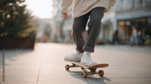 Person riding a skateboard on a sidewalk. the person is wearing a beige sweatshirt, grey jeans and white sneakers. the skateboard is brown and has four wheels.
