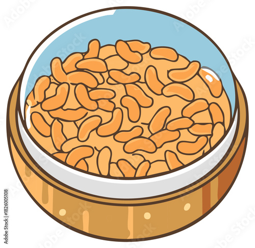 Illustration of a Bowl Full of Candied Peanuts with Light Blue Lid and Wooden Container