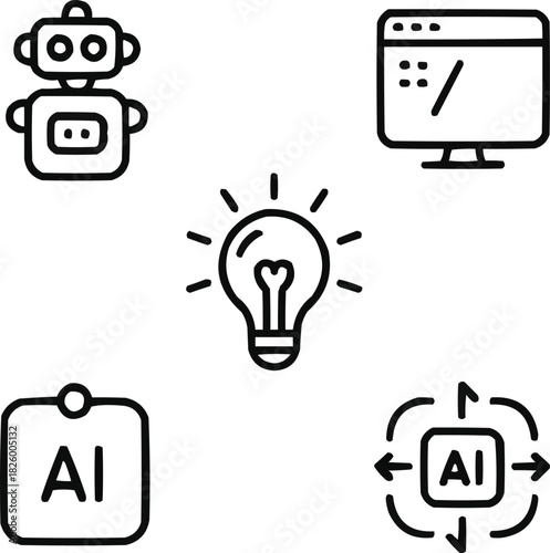 AI Generation Outline Icon Set Artificial Intelligence, Command Prompt, and Idea CreationAI Generation Outline Icon Se Artificial Intelligence, Command Prompt, and Idea Creation
