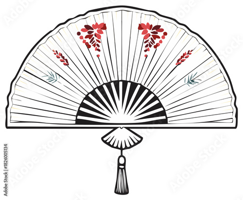 Elegant open Japanese folding fan vector illustration with traditional red floral and green bamboo design