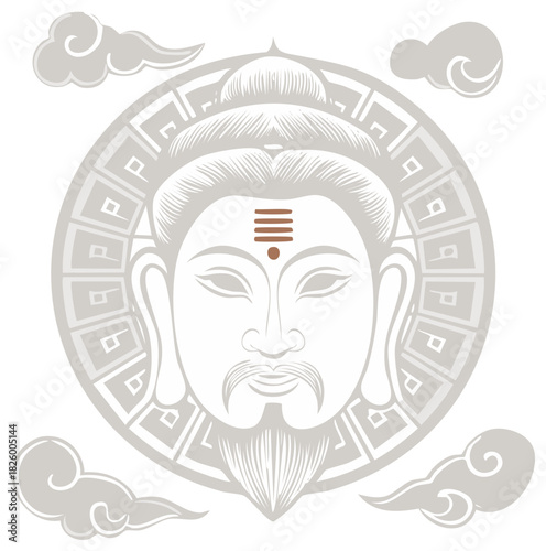 Shiva Face Art Graphic Illustration with Clouds and Intricate Circle Design on White Background, Traditional Hindu Deities Icon