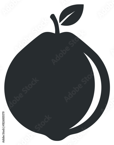 Stylized dark gray silhouette of a ripe guava fruit with a stem and leaf