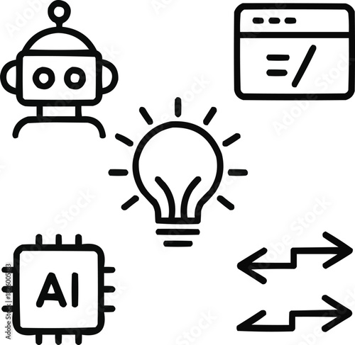 AI Generation Outline Icon Set  Artificial Intelligence, Command Prompt, and Idea CreationAI Generation Outline Icon Se Artificial Intelligence, Command Prompt, and Idea Creation