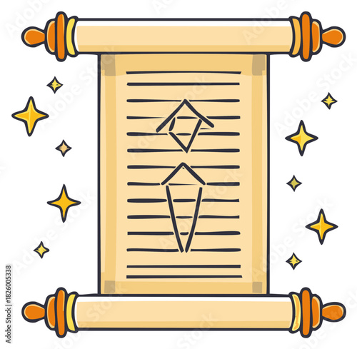 Ancient scroll with magical symbols and twinkling stars illustration