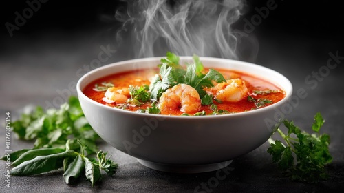 Fototapeta Naklejka Na Ścianę i Meble -  Delicious bowl of hot Tom Yum soup with shrimp and fresh herbs