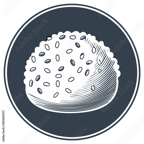 Onigiri Graphic Element Illustration of Rice Ball with Seeds in Dark Blue Circle