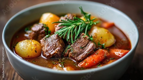 Fototapeta Naklejka Na Ścianę i Meble -  Hearty beef stew with potatoes, carrots, and rosemary in a ceramic bowl