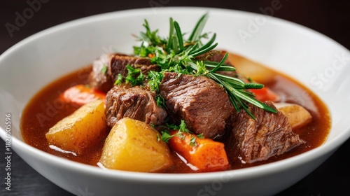 Fototapeta Naklejka Na Ścianę i Meble -  Delicious beef stew with potatoes, carrots, and fresh herbs in a white bowl