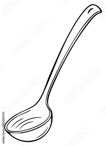 Simple line art illustration of a kitchen ladle for cooking and serving food.