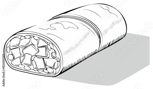 Hand-drawn outline illustration of a rolled burrito cut to show filling ingredients with shadow