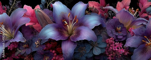 Dark purple and blue floral pattern with night background featuring lush lilies and petals