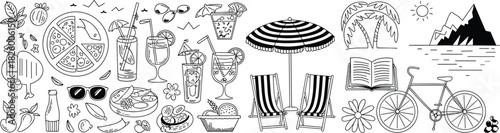 Black and white summer vacation doodles with food drinks and scenery