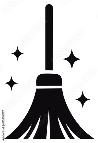 Broomstick icon with cleaning sparkles. Black and white cleaning equipment symbol with shine around the household tool