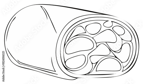 Outline drawing of burrito wrap with fillings, fast food meal icon