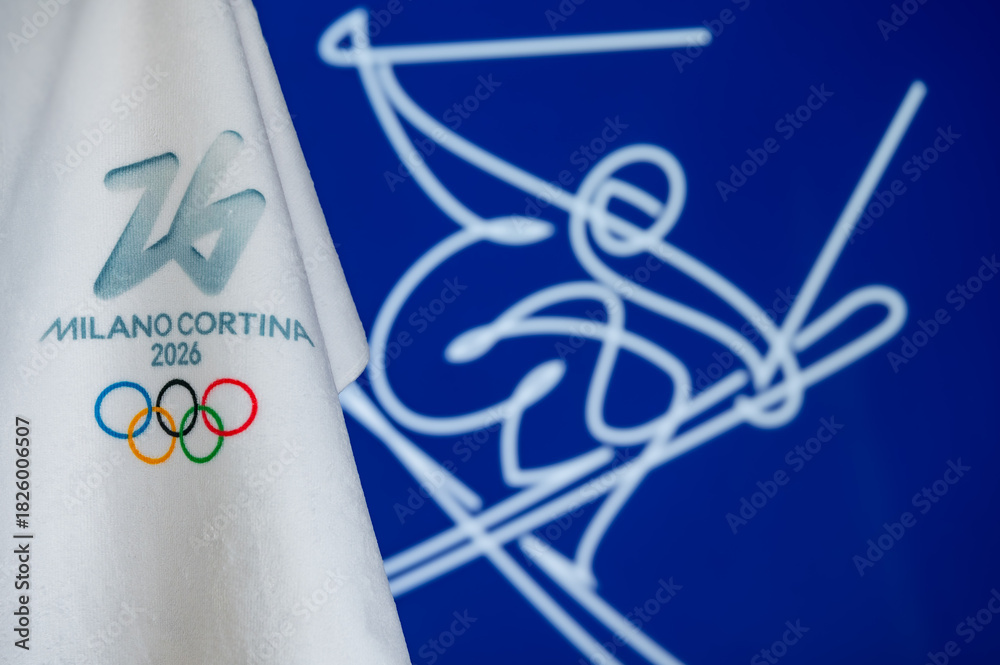 Fototapeta premium Freestyle skiing Blue Pictogram and Logo for Milan Cortina 2026 Winter Olympics, Official Winter Games Wallpaper
